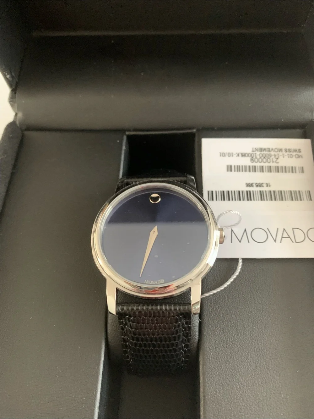 Movado Men's/Women’s Blue Dial Watch with Black Leather Strap